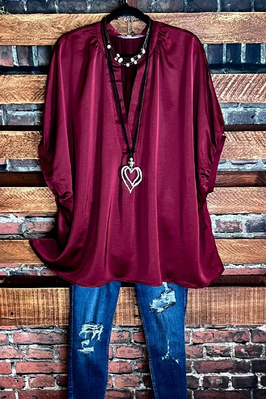 GLAMOROUS CELEBRATION DARK BURGUNDY SATIN COMFY OVERSIZED TUNIC
