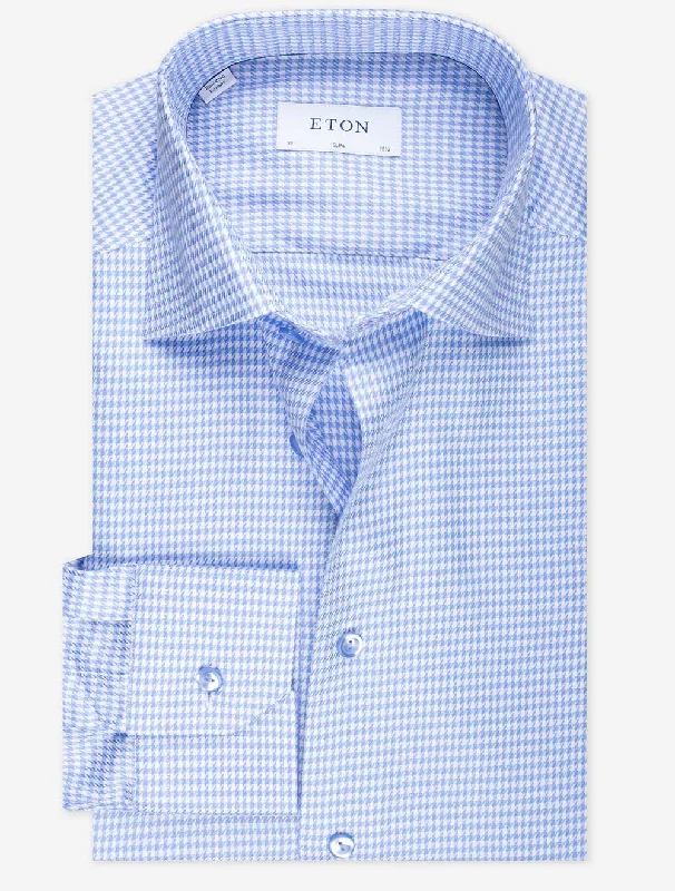 Men's Pattern Mixing Shirts for Creative StyleBlue Houndstooth With Lilac Buttons Slim Shirt