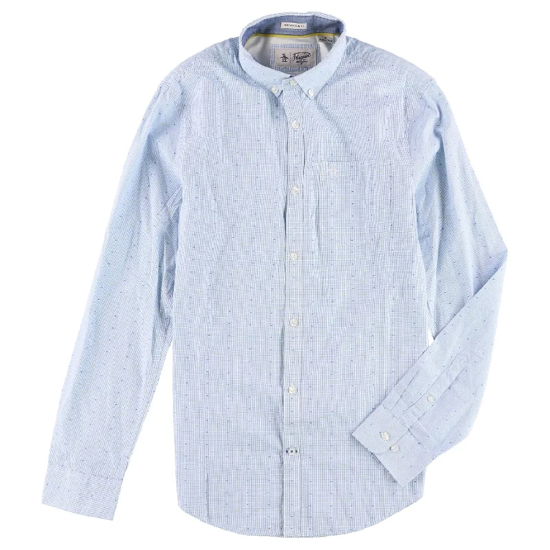 Men's Checked Short-Sleeve Shirts for Summer FunPenguin Mens Clipped Dobby Button Up Shirt, Blue, XX-Large