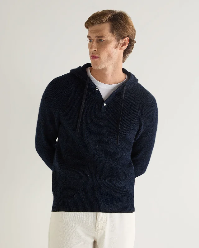 Versatile Men's All-Season HoodiesMen's Balham Rib Hooded Cashmere Jumper Navy Blue Melange