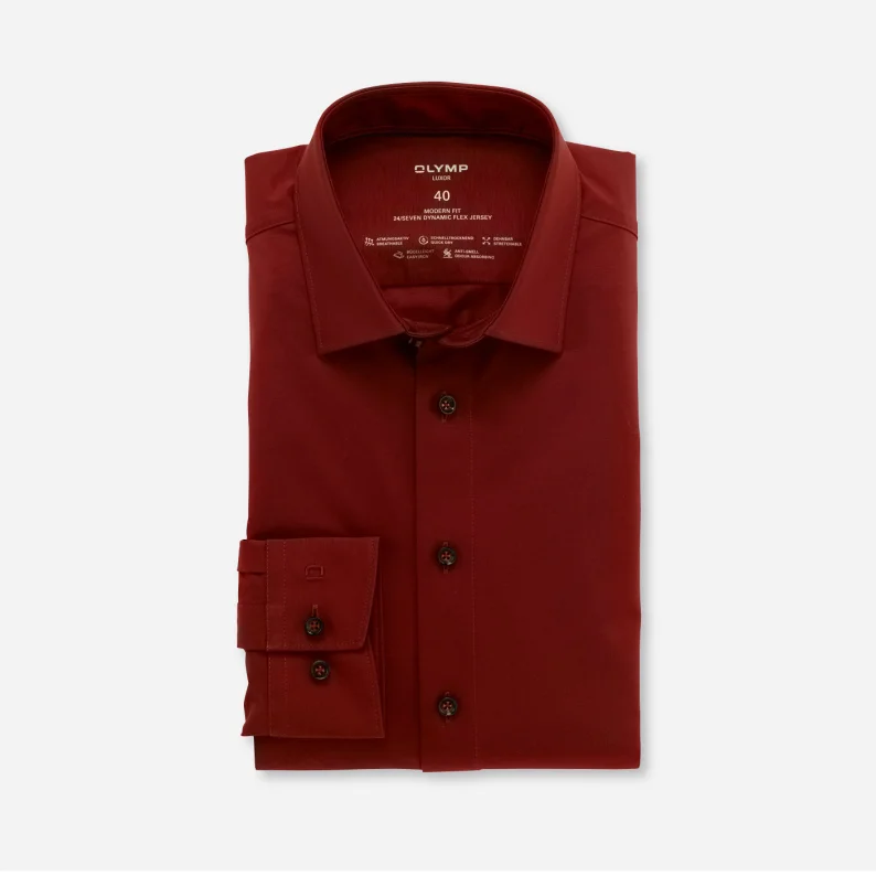 Men's Patterned Dress Casual Shirts for Smart-Casual EventsOLYMP Luxor 24/Seven Modern Fit Super Dynamic Stretch Shirt 1202 Brick Red
