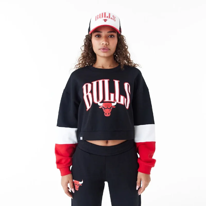 Men's Hoodies with Flannel LiningChicago Bulls Womens NBA Colour Block Black Crop Crew Neck Sweatshirt