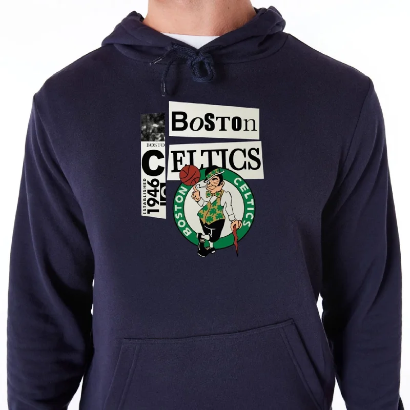 Casual Men's Zip-Up HoodiesBoston Celtics Newspaper Graphic Navy Pullover Hoodie