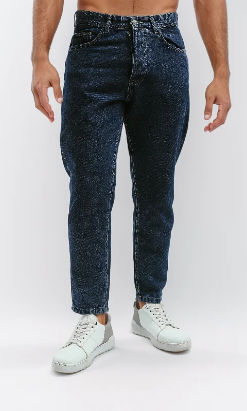 Leather Patch Embellished Men's JeansO192755 Straight Navy Jeans Blue Solid Patterned Leather Patch Embellished Men's JeansO192755 Straight Navy Jeans Blue Solid Patterned