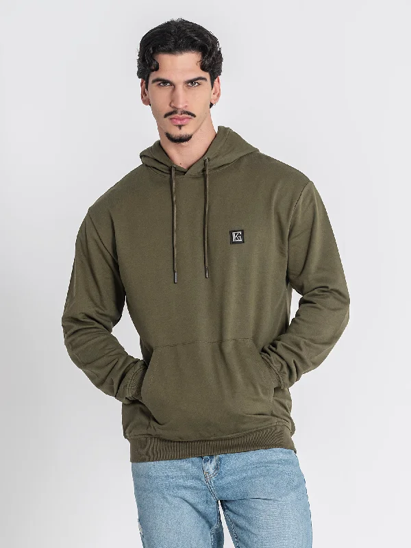 Men's Hoodies with High-Low HemlinesArmy Green GK Plaque Hoodie