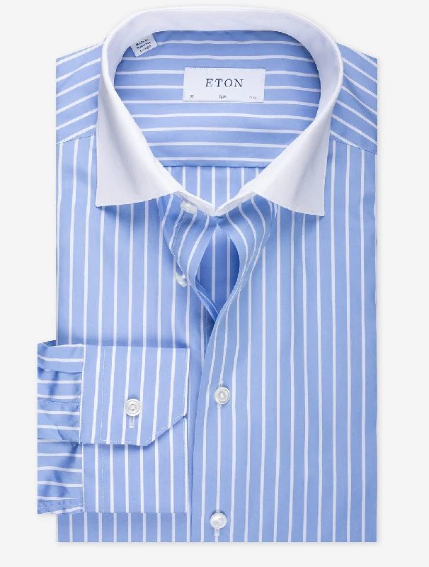Men's Solid-Color Button-Down Shirts for VersatilitySlim Contrast Collar Stripe Shirt Blue