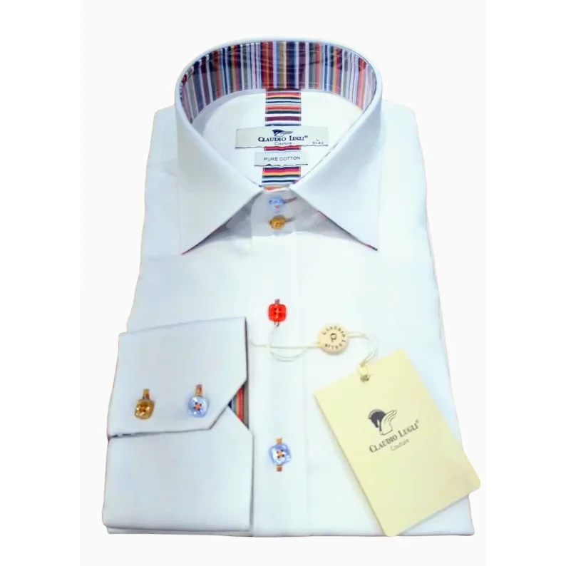 Men's Polo Shirts for Sports and Casual WearClaudio Lugli Slim Stripe Detail Long Sleeve Satin Cotton Shirt CP6752 - White