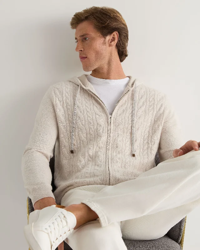Men's Hoodies for Casual WearMen's Fulham Cable Zip Cashmere Hoodie Frost White