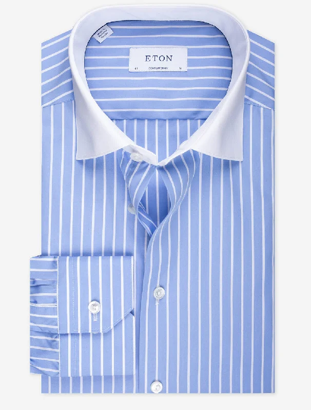 Men's Custom Dress Shirts for a Personalized FitContrast Collar Stripe Shirt Blue