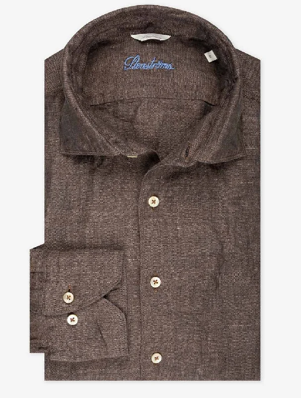 Men's Striped Long-Sleeve Shirts for a Maritime FeelLinen Fitted Body Shirt Dark Brown Men's Striped Long-Sleeve Shirts for a Maritime FeelLinen Fitted Body Shirt Dark Brown