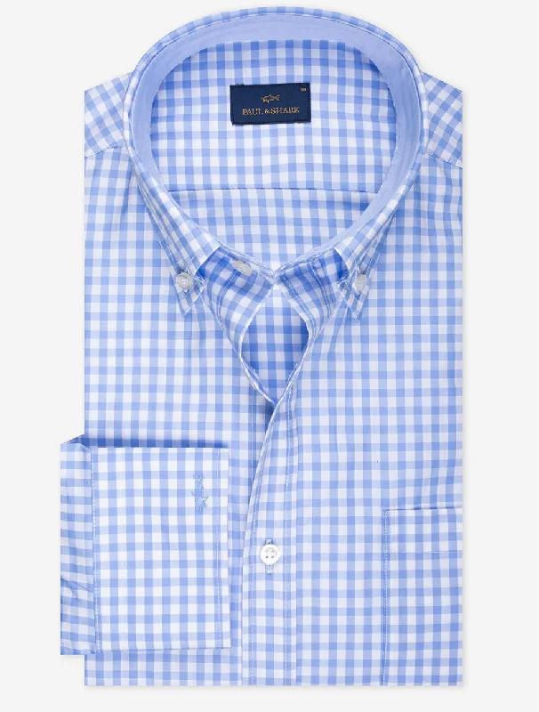 Versatile Men's Short-Sleeve ShirtsGingham Cotton Twill Shirt Blue