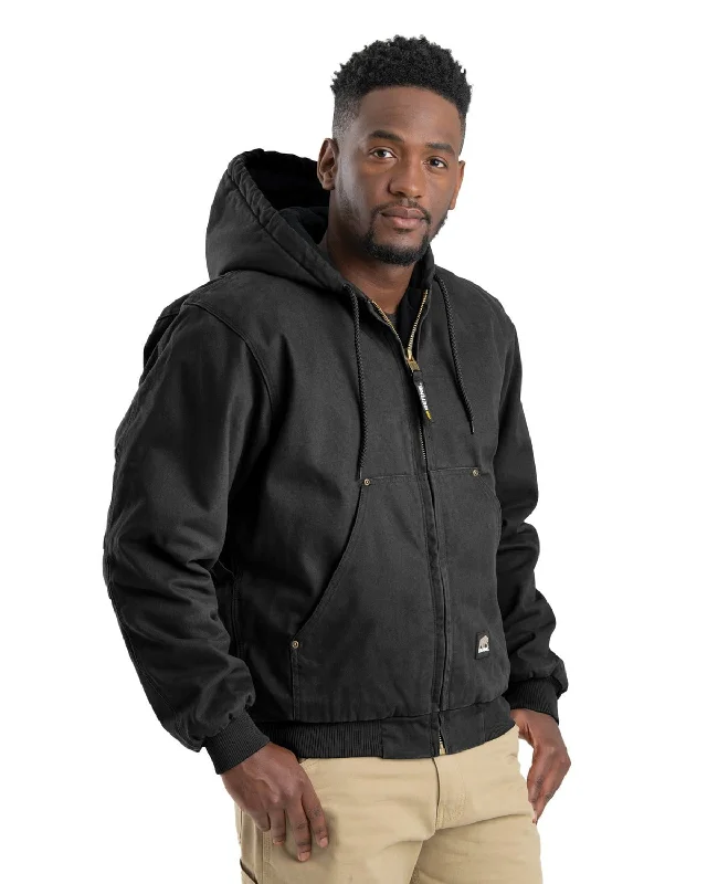 Men's Coats with Military InfluenceBerne Apparel Mens Heartland Washed Hooded Black 100% Cotton Chore Jacket