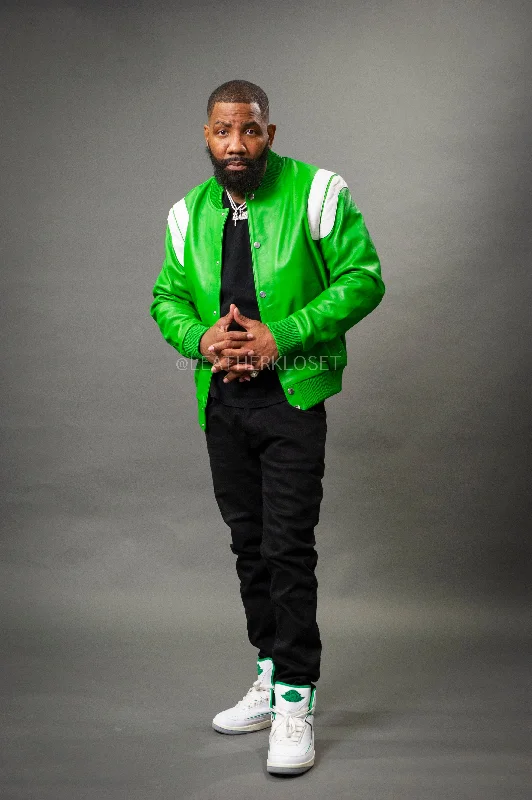 Men's Coats with ZippersMen's Liam All-Leather Varsity Jacket [Green/White]