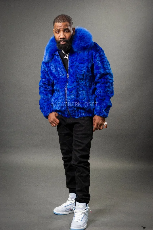 Men's Coats with Multi-Pocket DesignMen's Mink with Fox Fur Bomber Jacket [Royal Blue]