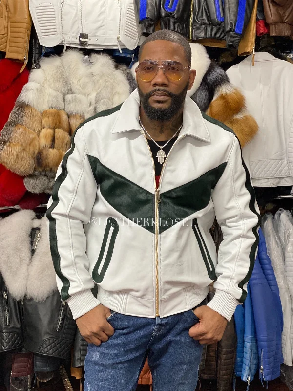 Men's Coats for Big and TallMen's V-Baseball Bomber Pony Leather Jacket [White Green]