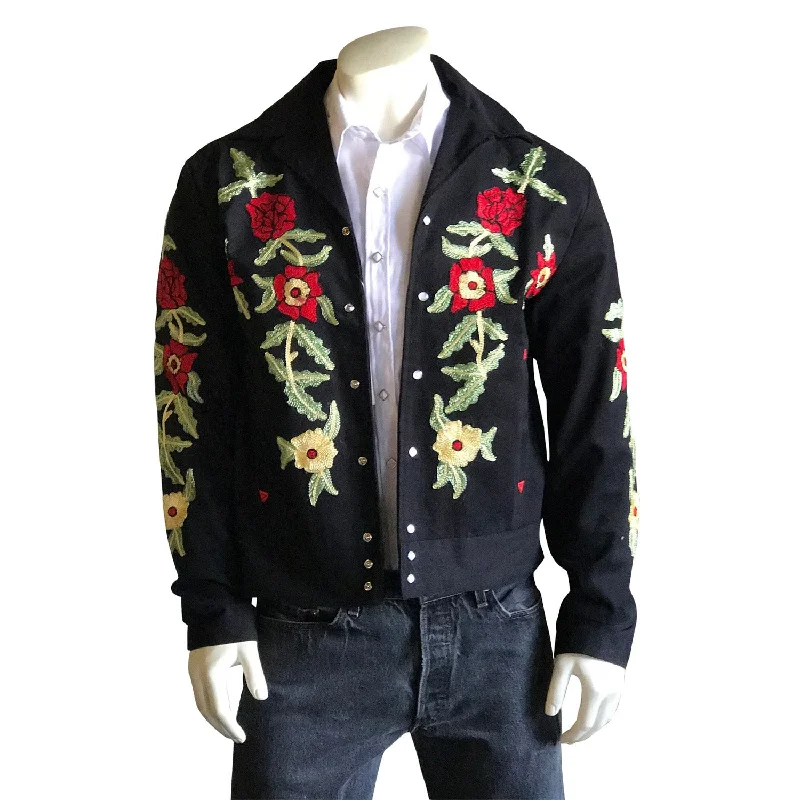 Men's Coats with Synthetic InsulationRockmount Mens Black 100% Cotton Rose Embroidered Jacket